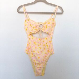 No Boundaries Womens One Piece Swimsuit Size M Yellow Pink Cutout Y2K Coquette